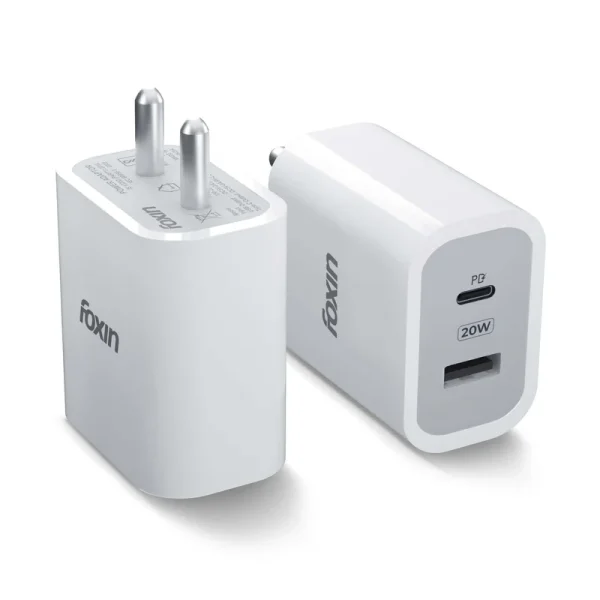 Foxin Dual Port USB Adapter & Type C 20W Smart Charger for iPhone Android and more | QC + PD | BIS Certified, 6 Months Warranty | White
